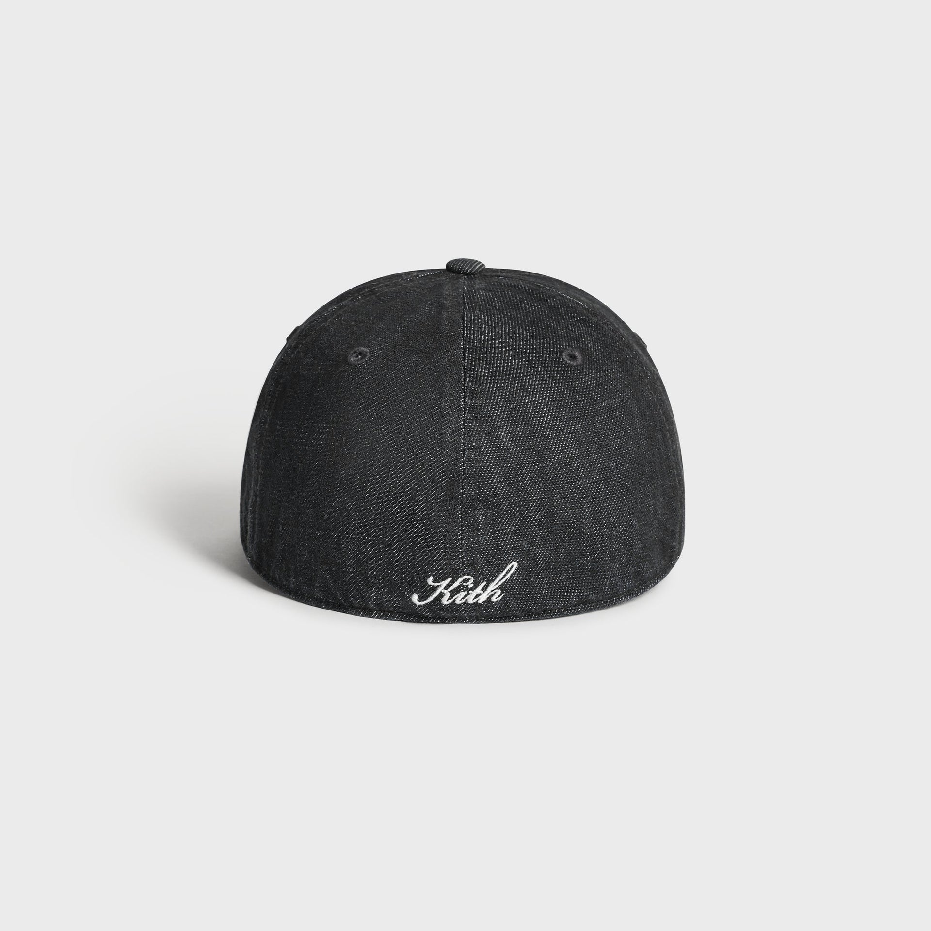 Back view of Kith & '47 Yankees Denim Franchise cap showing Kith script embroidery on black denim