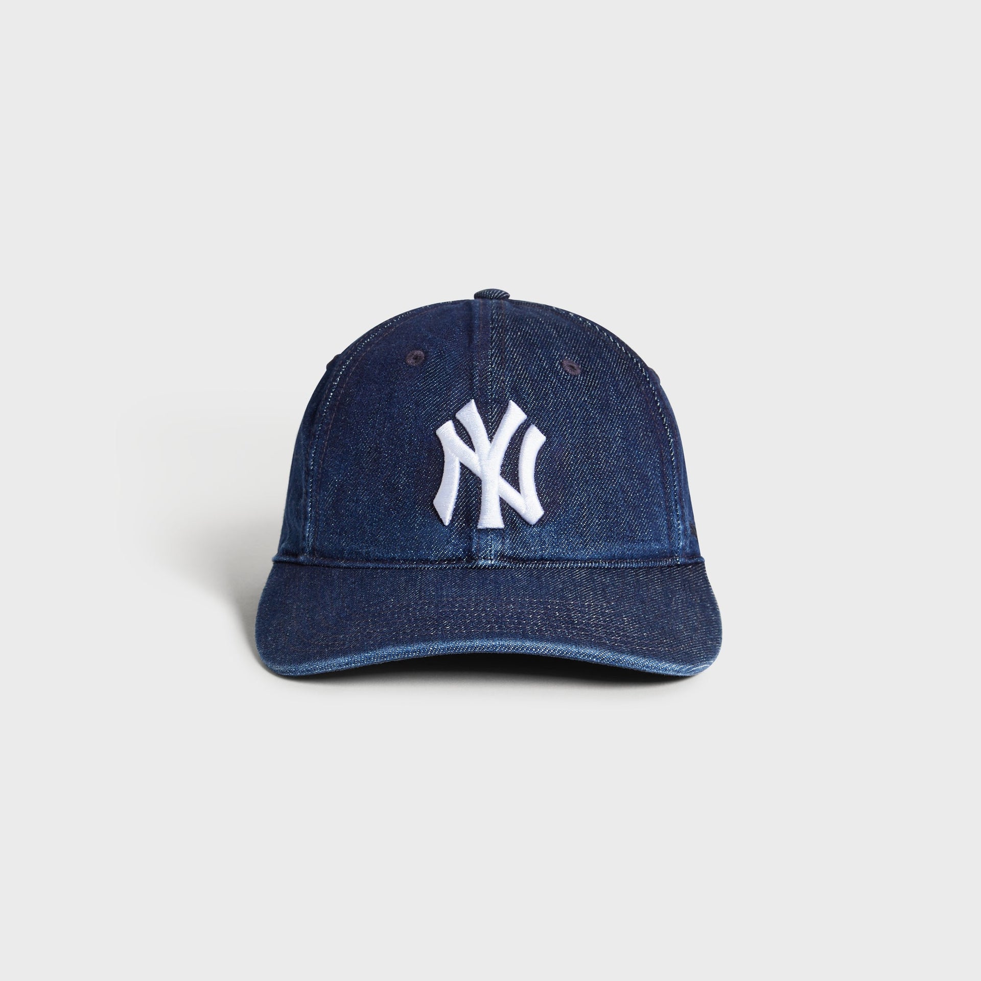 Kith & '47 for the New York Yankees Denim Franchise LS Cap in Mystery wash, front view with white embroidered NY logo