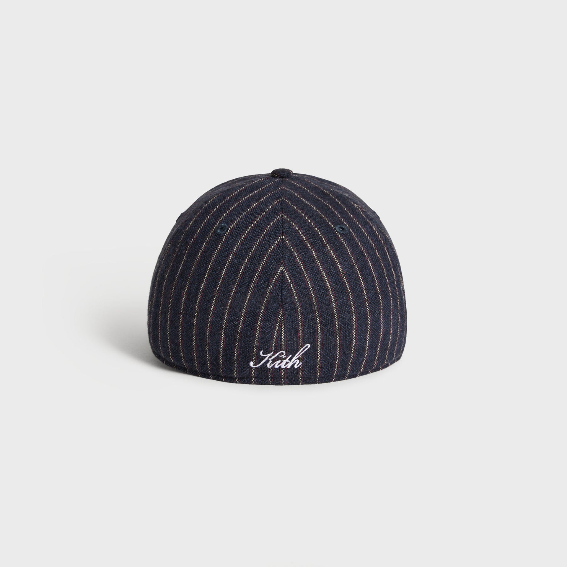 Back view of Kith & '47 Yankees Barre Stripe cap showing Kith script embroidery on navy pinstripe crown