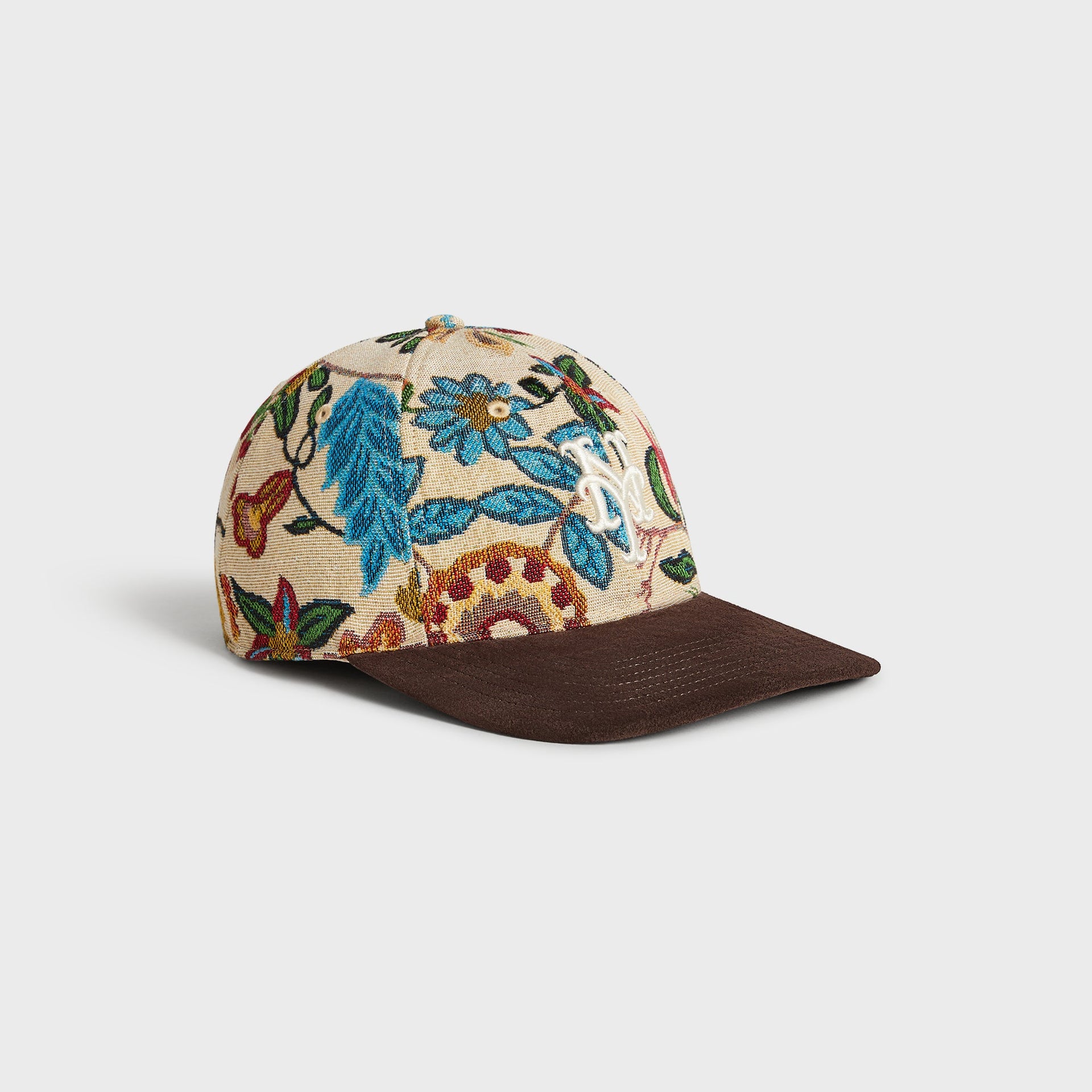 Kith & '47 New York Mets Tapestry Franchise cap in Durum, angled 3/4 view showing NY logo and suede brim