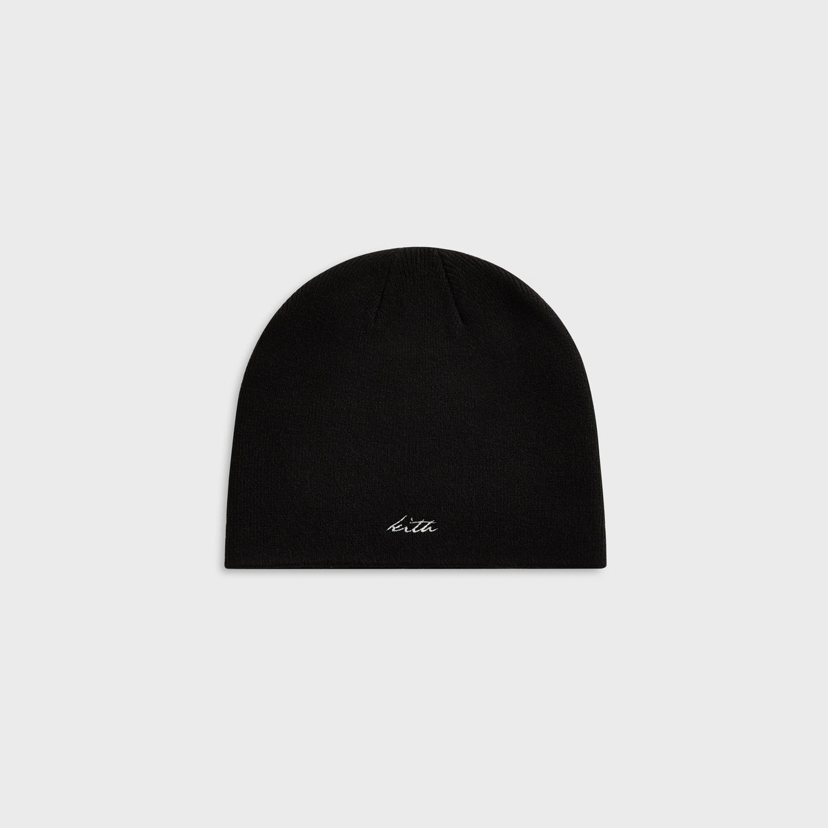 Kith Acrylic Cito Beanie in black knit, front view with small Kith label