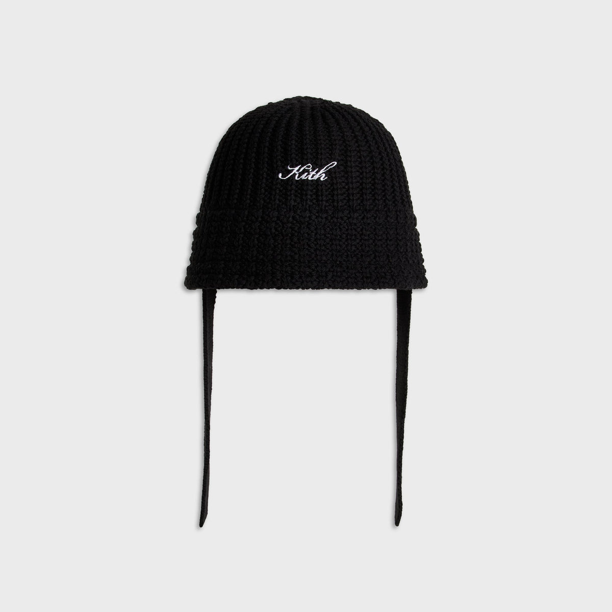 Kith Script Knit Bucket Hat in black chunky knit with white Kith script and long ties, front view