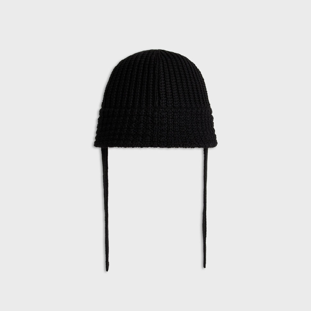 Kith Script Knit Bucket Hat in black chunky knit, back view with long ties