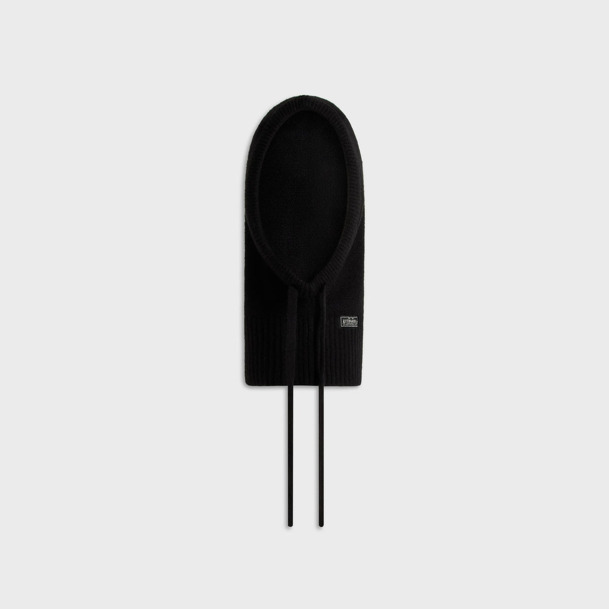 Kith Soft Rib Knit Balaclava in black, front view with drawcord ties and Kith & Kin label