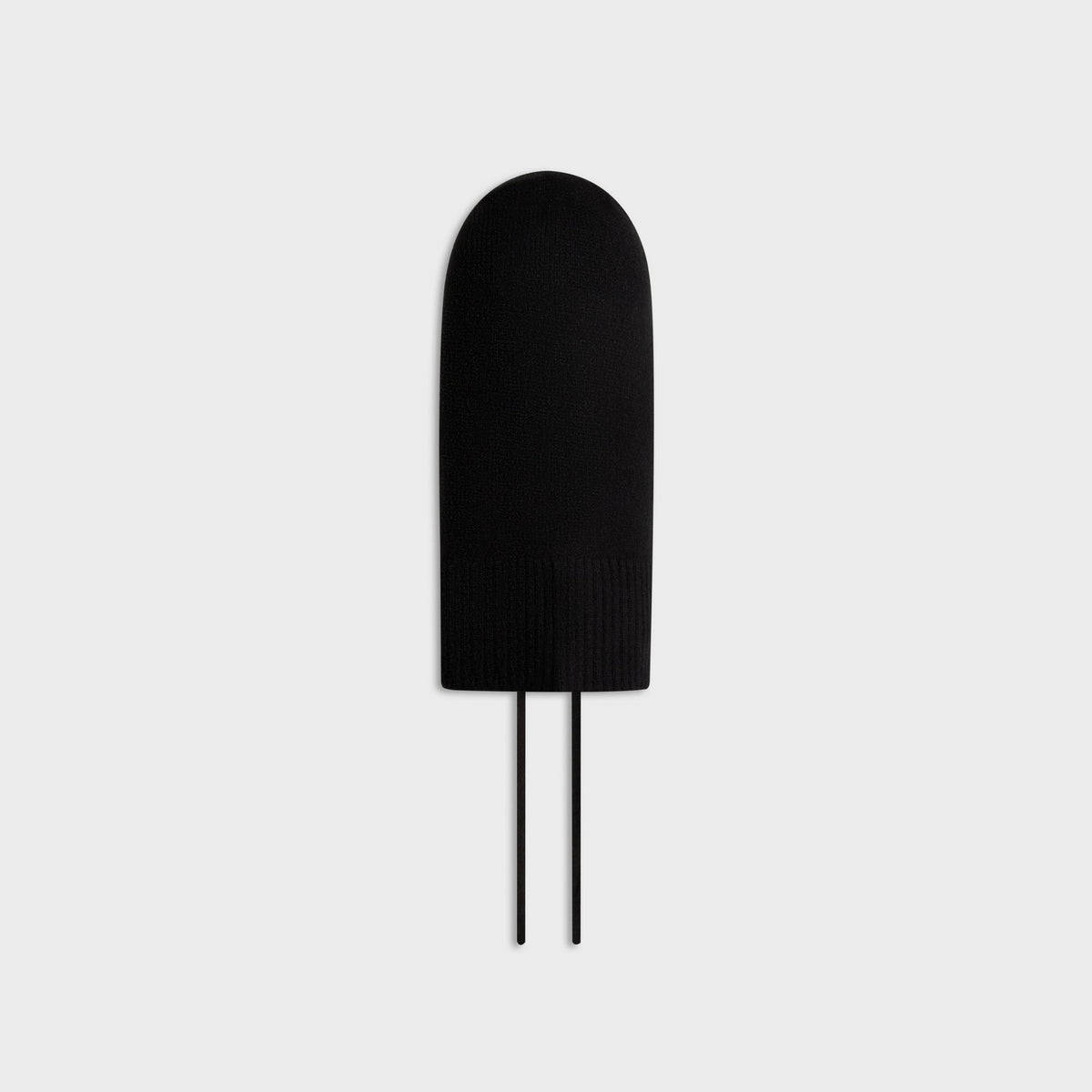 Kith Soft Rib Knit Balaclava in black, back view with drawcords hanging