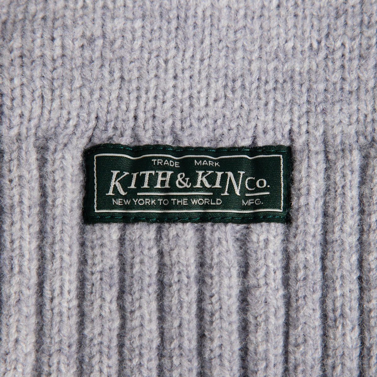 Kith Soft Rib Knit Balaclava light heather grey, alternate close-up of green Kith & Kin label