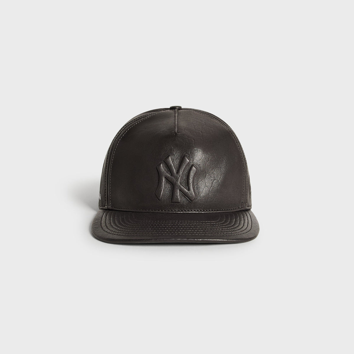 Giorgio Armani & Ronnie Fieg for '47 black soft leather SL Hitch cap, front view with embossed NY logo