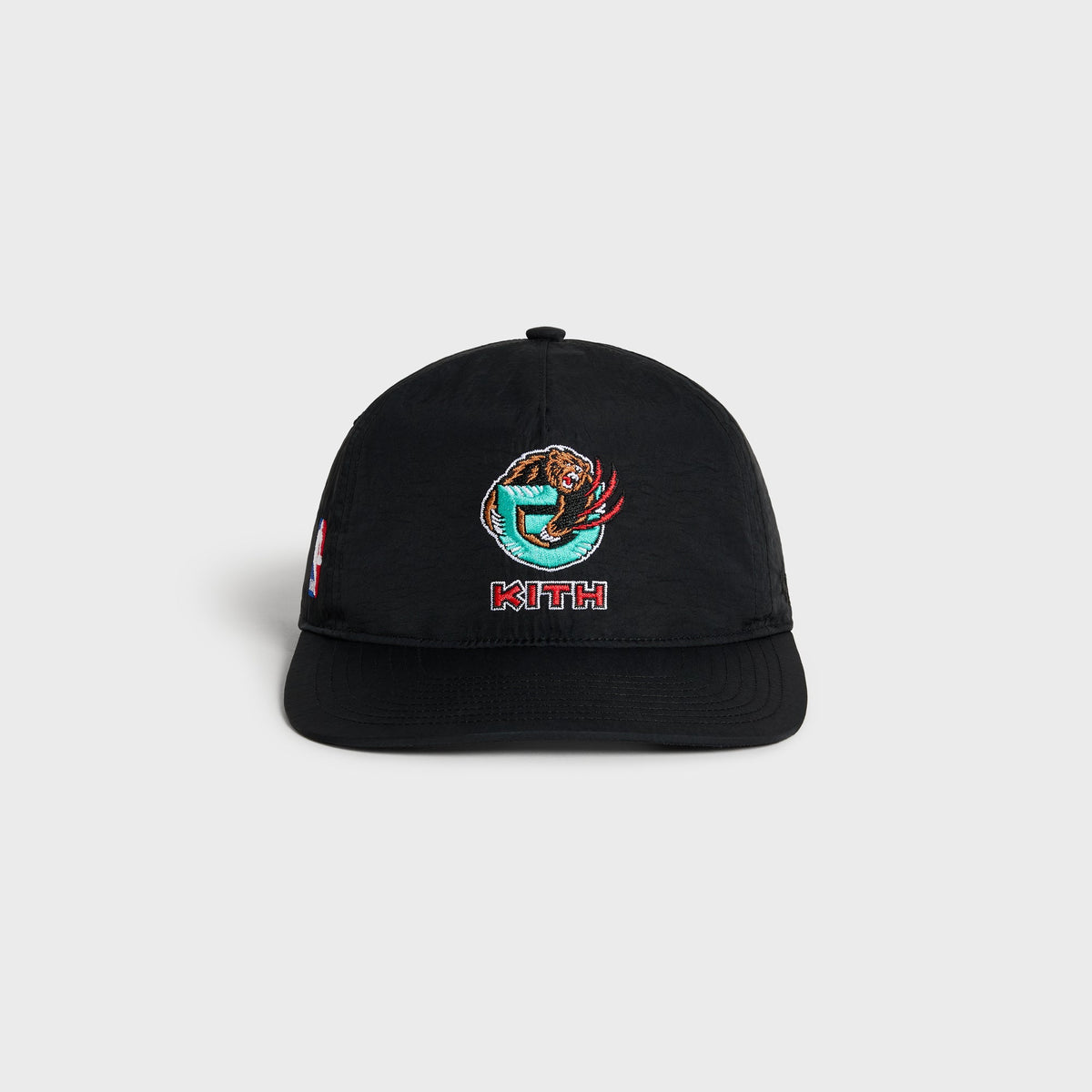Kith & '47 for the Vancouver Grizzlies SL Hitch Snapback Cap in black, front view with embroidered Grizzlies G bear logo and red Kith wordmark
