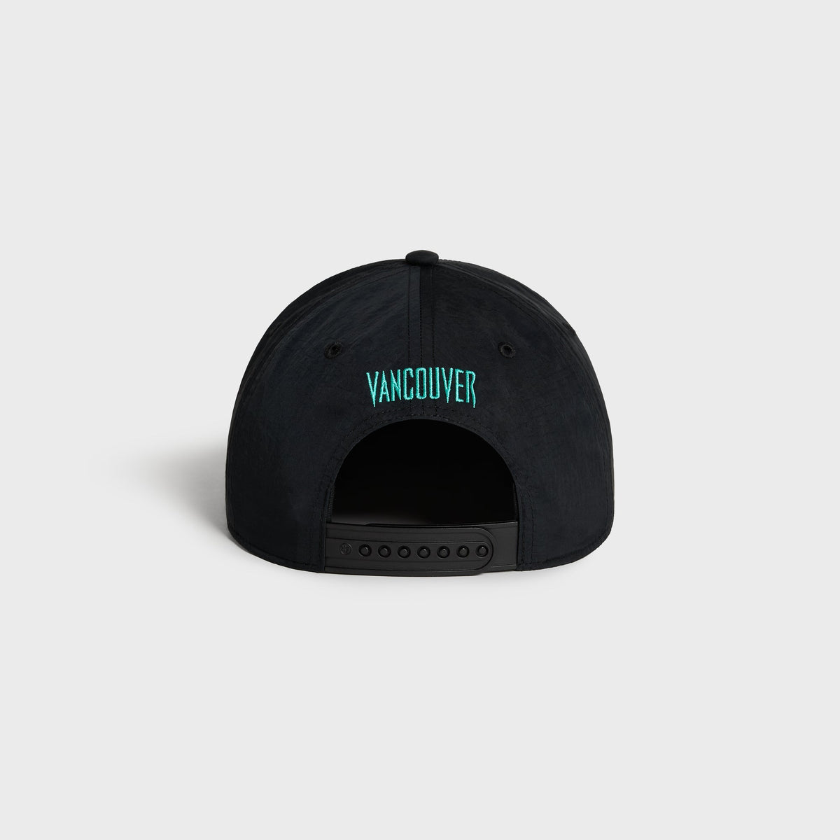 Kith & '47 for the Vancouver Grizzlies SL Hitch Snapback Cap in black, back view with teal Vancouver embroidery above the snap closure