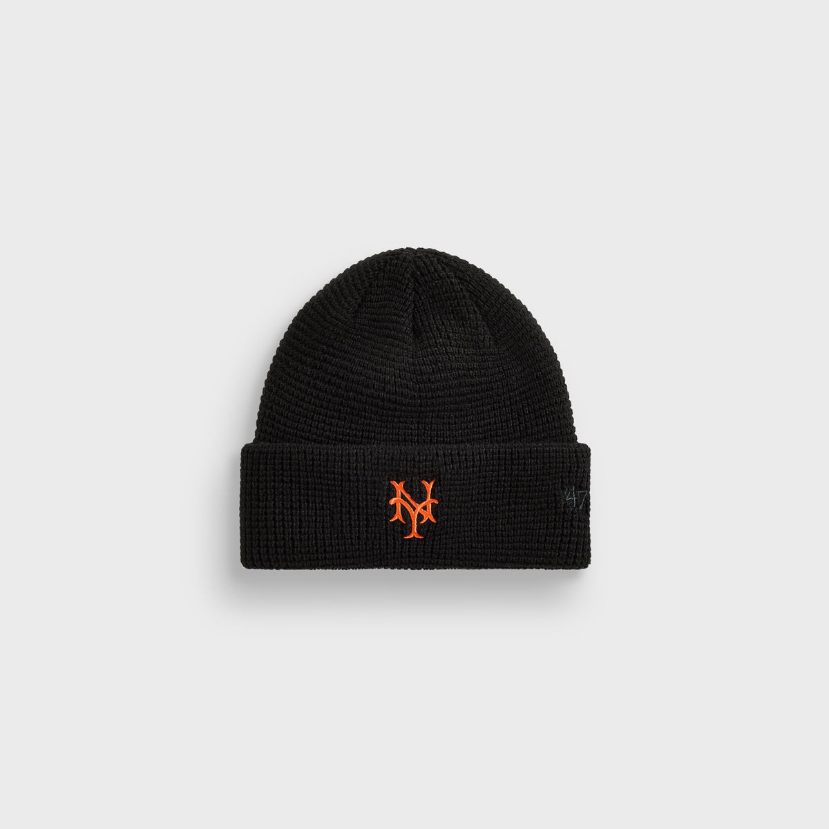 Kith & '47 New York Mets waffle knit beanie in black with orange NY logo, front view