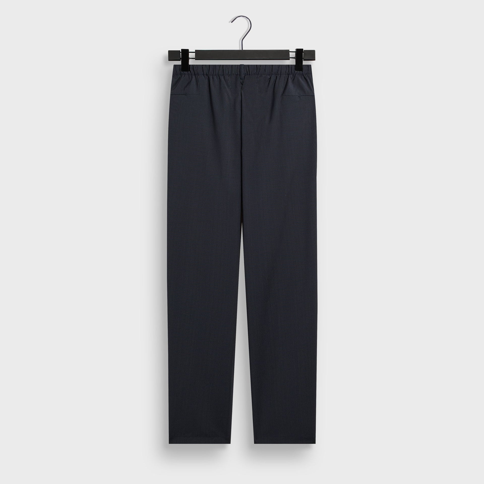 &Kin Idris Pant, navy pinstripe, back view on hanger with elastic waistband