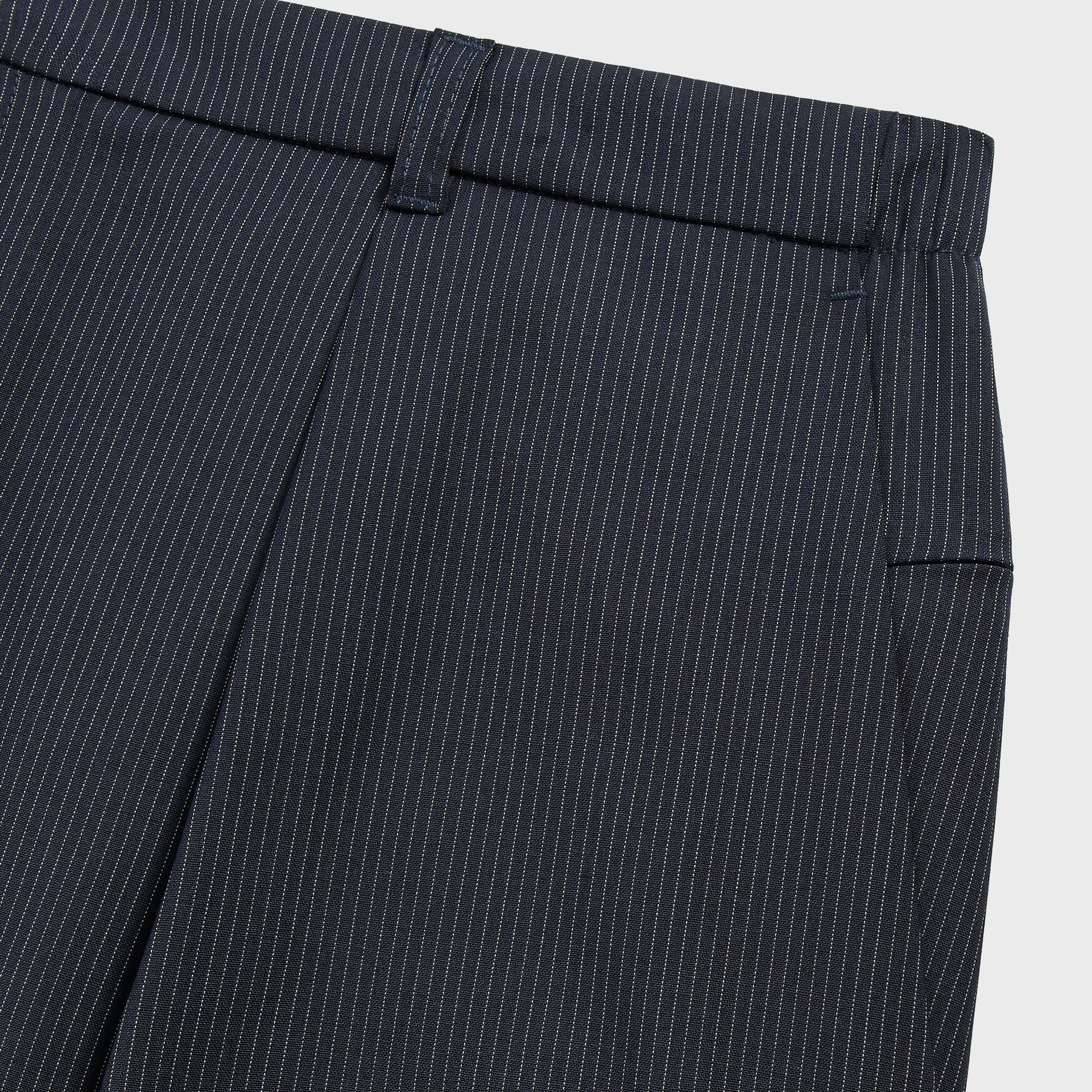 &Kin Idris Pant detail, waistband with belt loop, pleat and side pocket, navy pinstripe wool