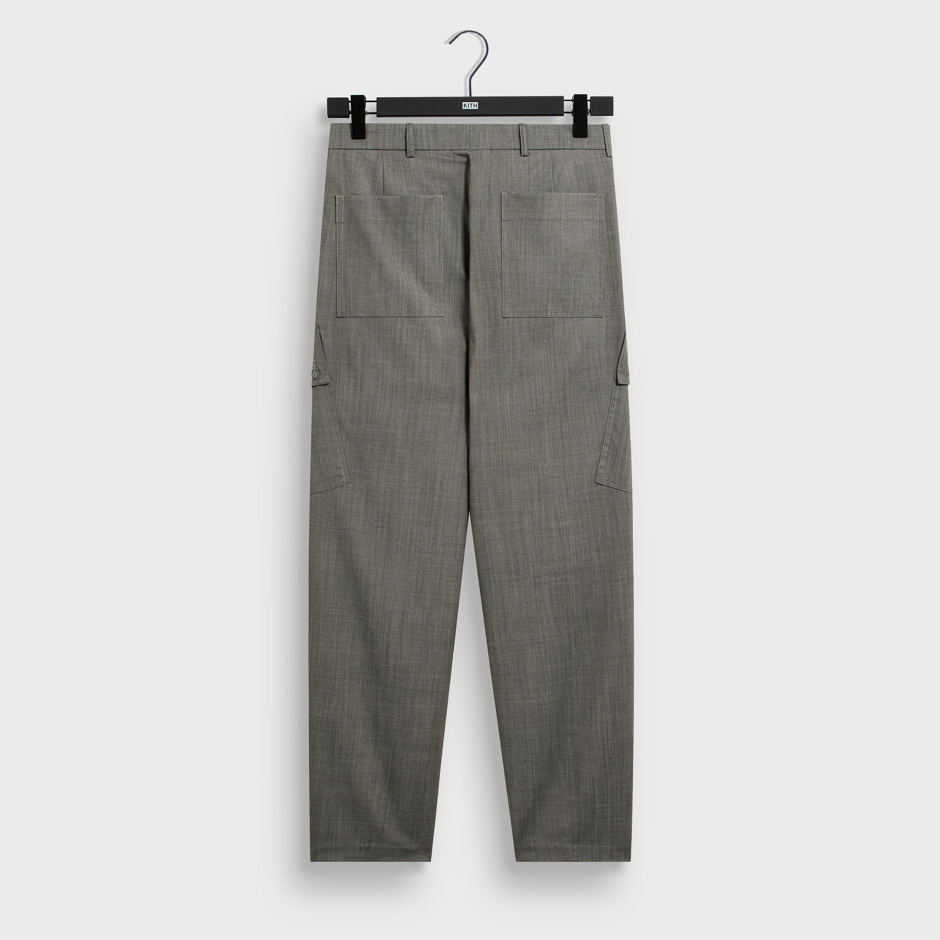 &Kin Gibbs Pant in Grey Melange wool, back on hanger with patch pockets and side cargo pockets