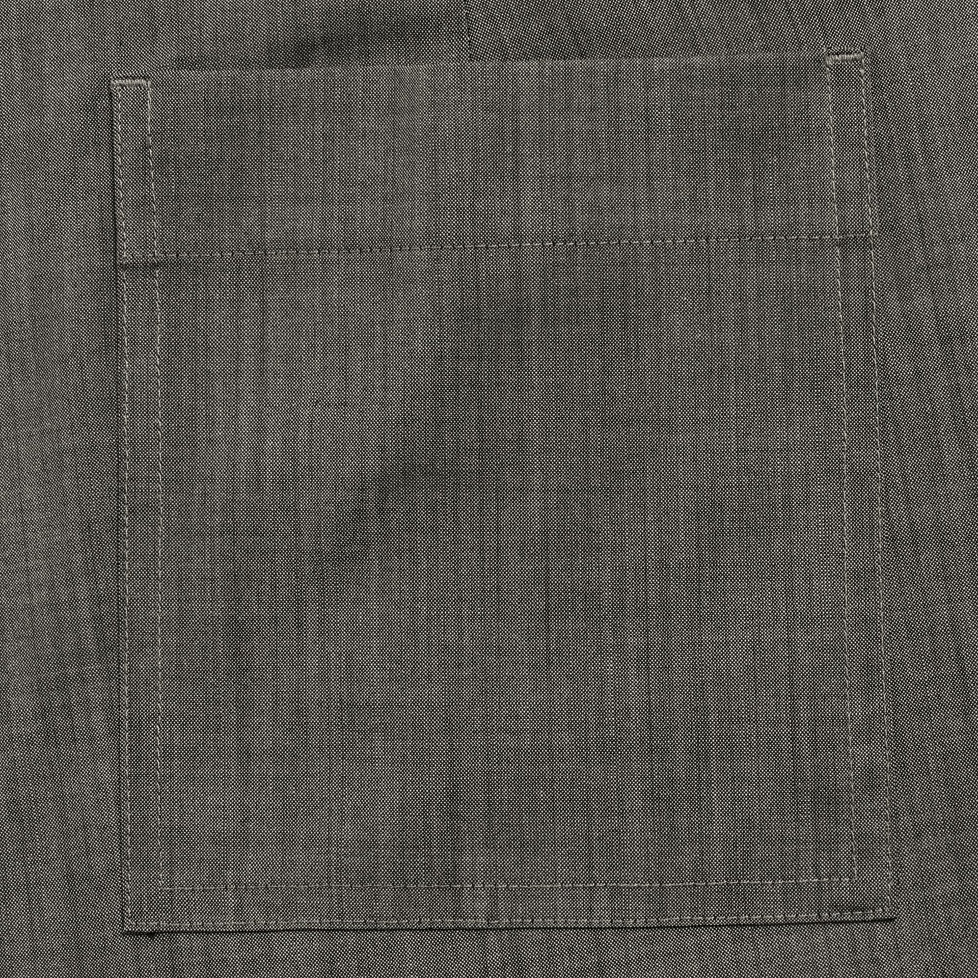 &Kin Gibbs Pant detail: rear flap patch pocket with logo buttons in Grey Melange wool