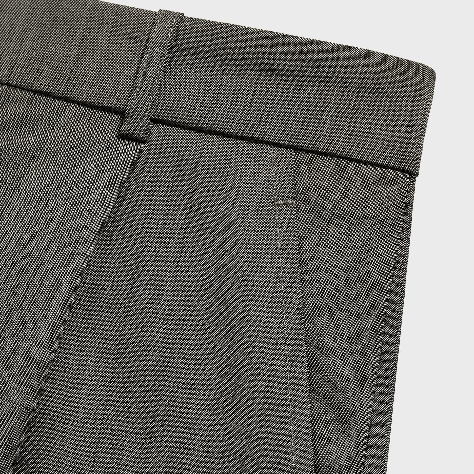 &Kin Gibbs Pant detail: front waistband, belt loop and pleat in Grey Melange tropical wool