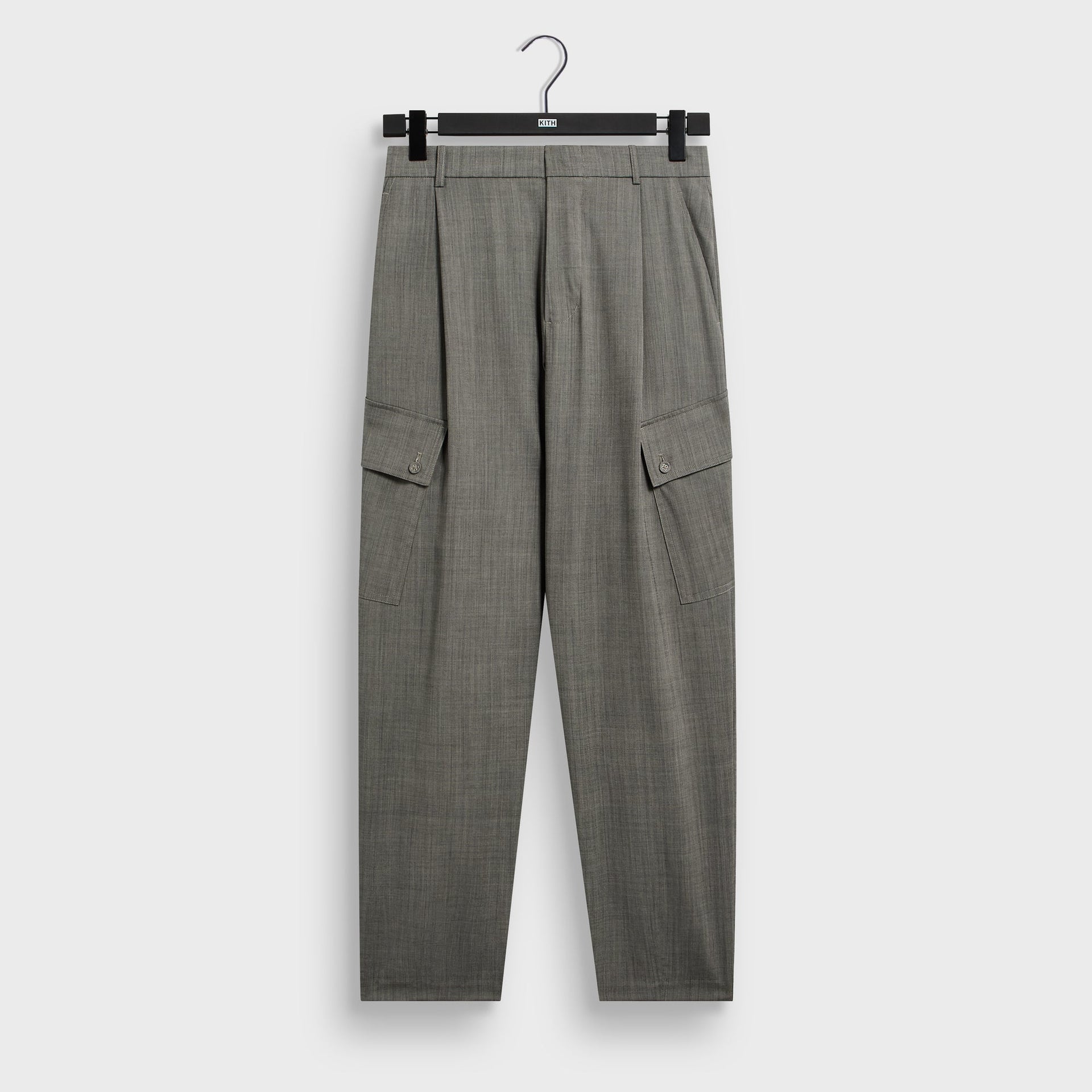 &Kin Tropical Wool Gibbs Pant in Grey Melange, front on KITH clip hanger with pleats and cargo flap pockets