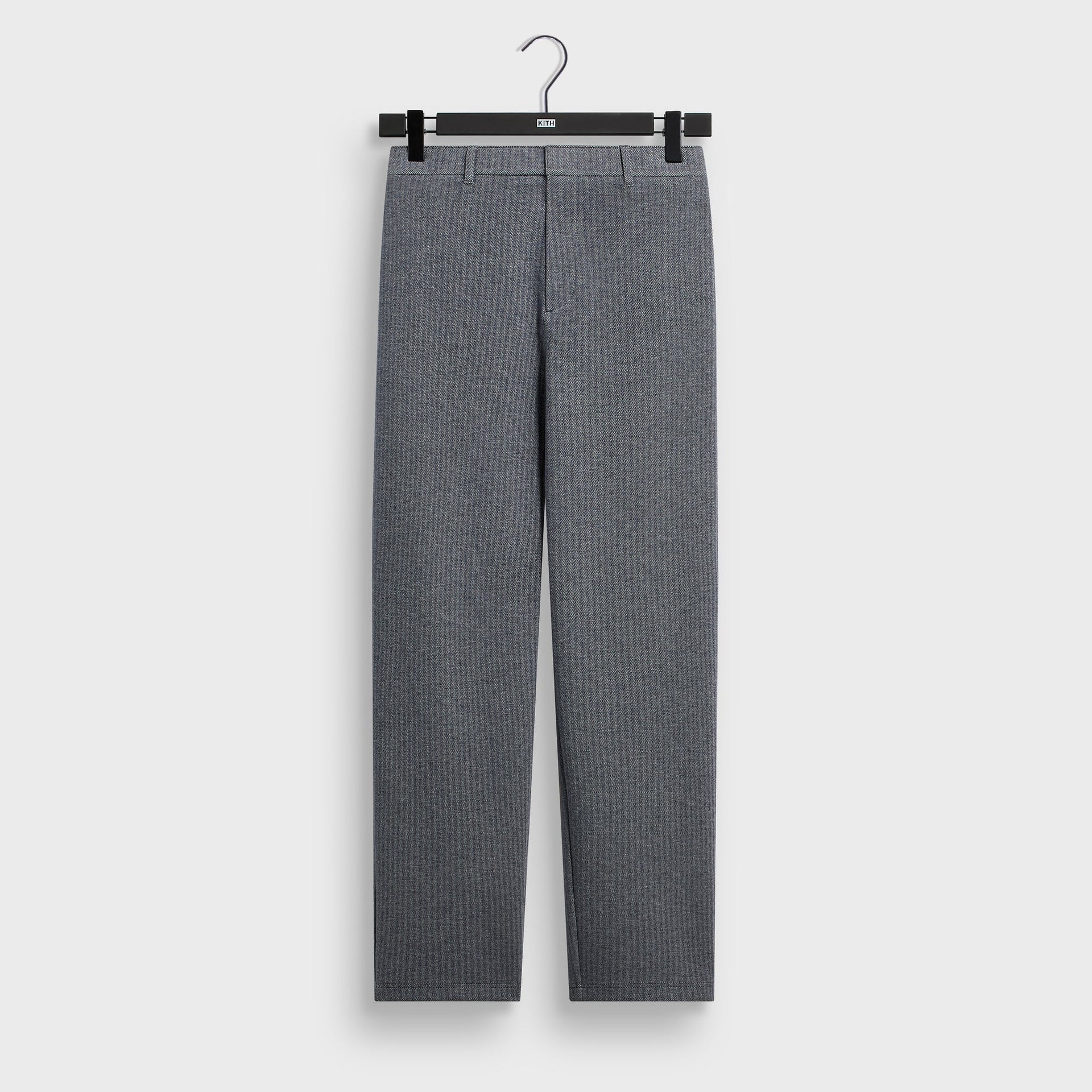 &Kin Double Face Bryson Sweatpant in Nocturnal grey herringbone, front on KITH clip hanger with belt loops