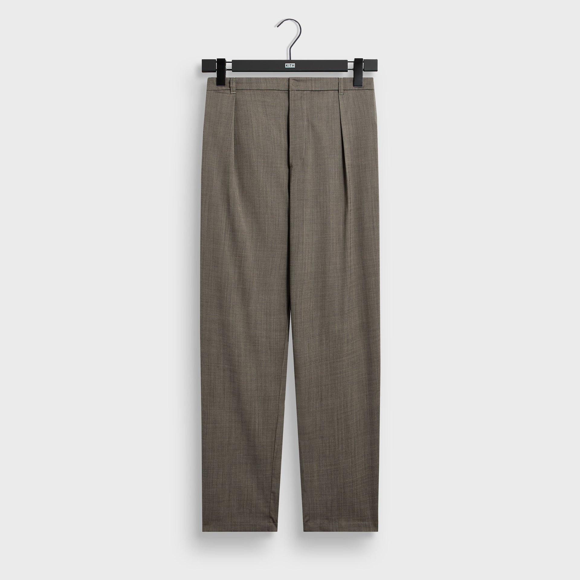 &Kin Tropical Wool Idris Pant in Permanent taupe, front view on hanger with front pleats and belt loops
