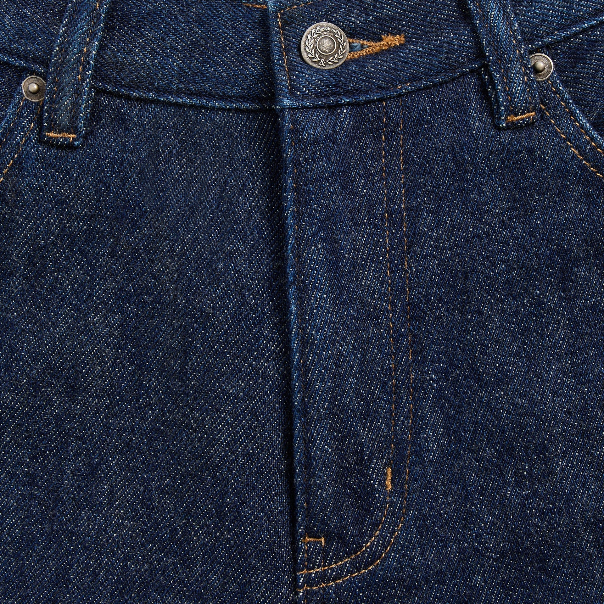 &Kin Webster Chill detail, engraved silver shank waist button, belt loops and coin pocket, Dark Indigo denim