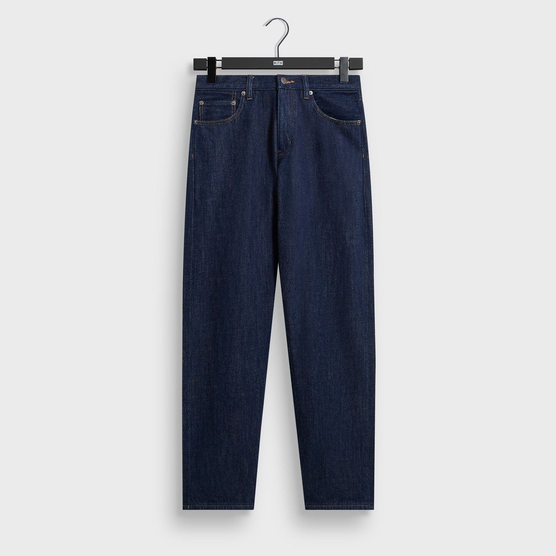 &Kin Rope Twill Webster Chill in Dark Indigo, front view on hanger, five-pocket denim pant