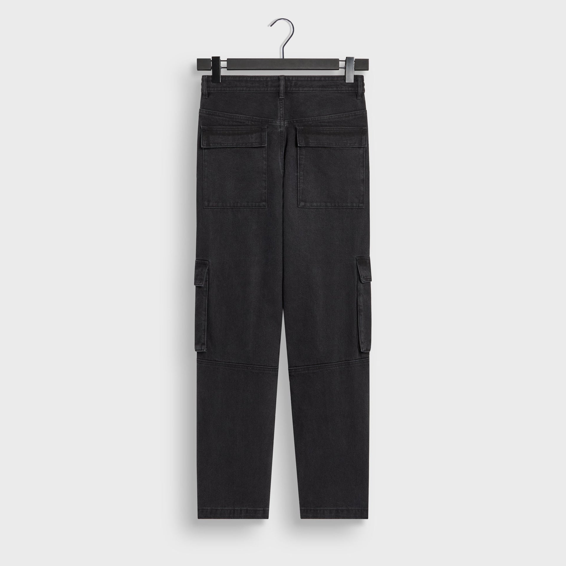 Kith Herringbone Denim Zane cargo pant in black, back flat lay