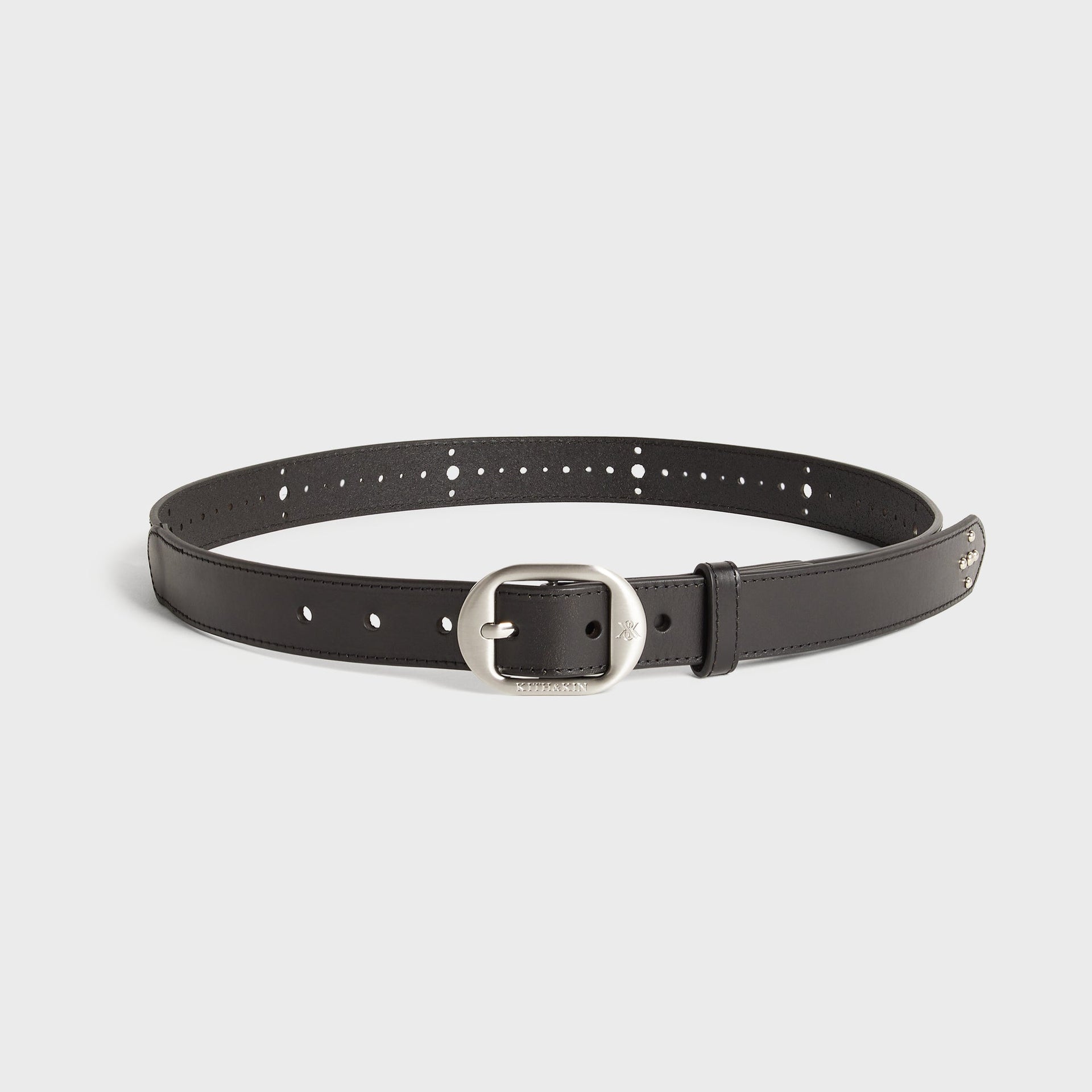 Kith Studded Leather Belt in Black, full front view with oversized oval silver buckle and studded tip