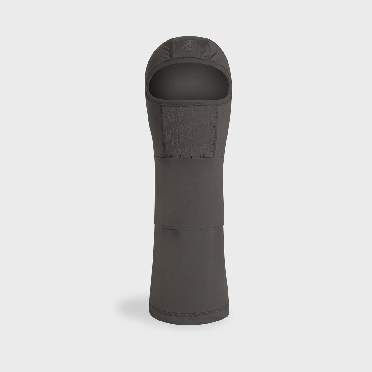 Kith Poly Balaclava in black laid flat, front view showing the face opening and mesh mouth panel