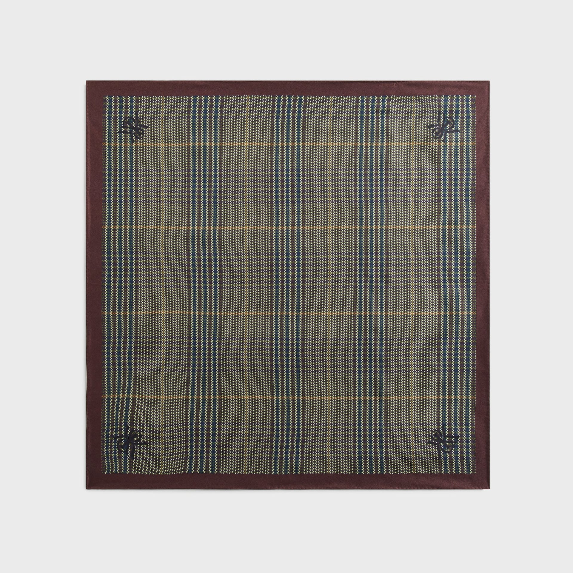 Kith Printed Silk Scarf in Kindling, flat-lay view of the full square showing houndstooth plaid pattern and corner bow logo