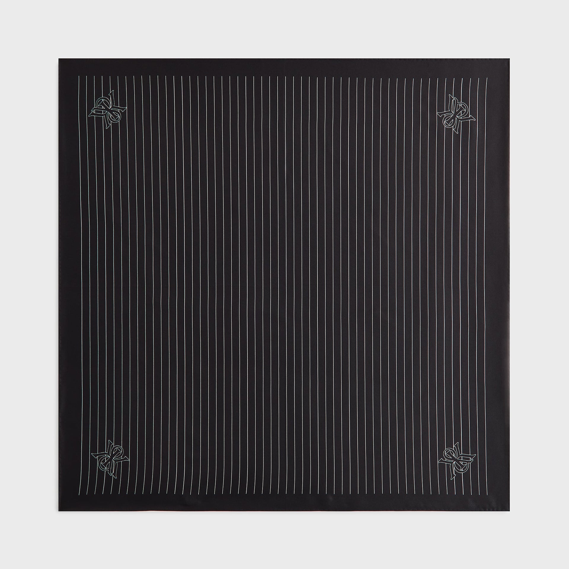 Kith Printed Silk Scarf in black pinstripe, flat lay view showing the full square with Kith monogram in each corner.