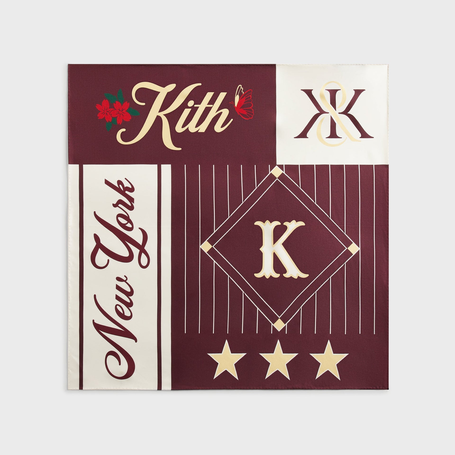 Kith Printed Silk Scarf in Magma flat lay showing full print: Kith script, New York, K diamond, and stars