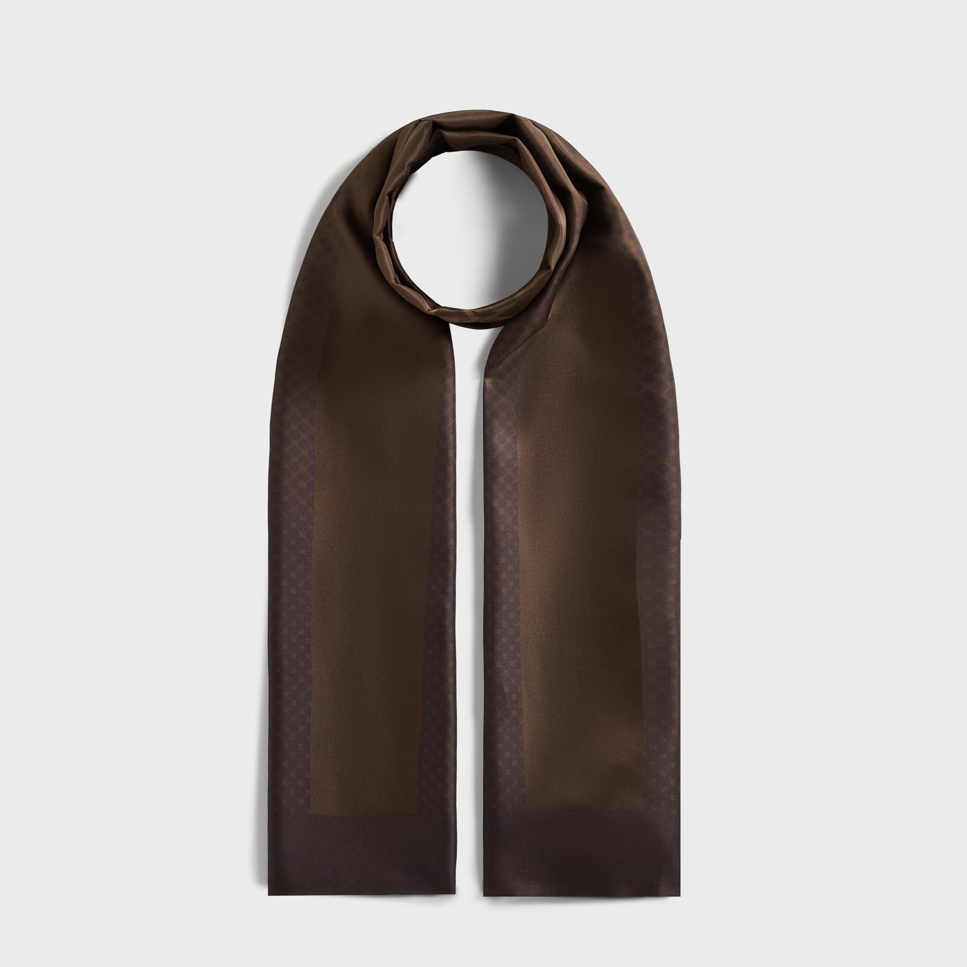 Kith Printed Silk Rally Scarf in Auberge, draped and looped showing ombre brown tones and border pattern