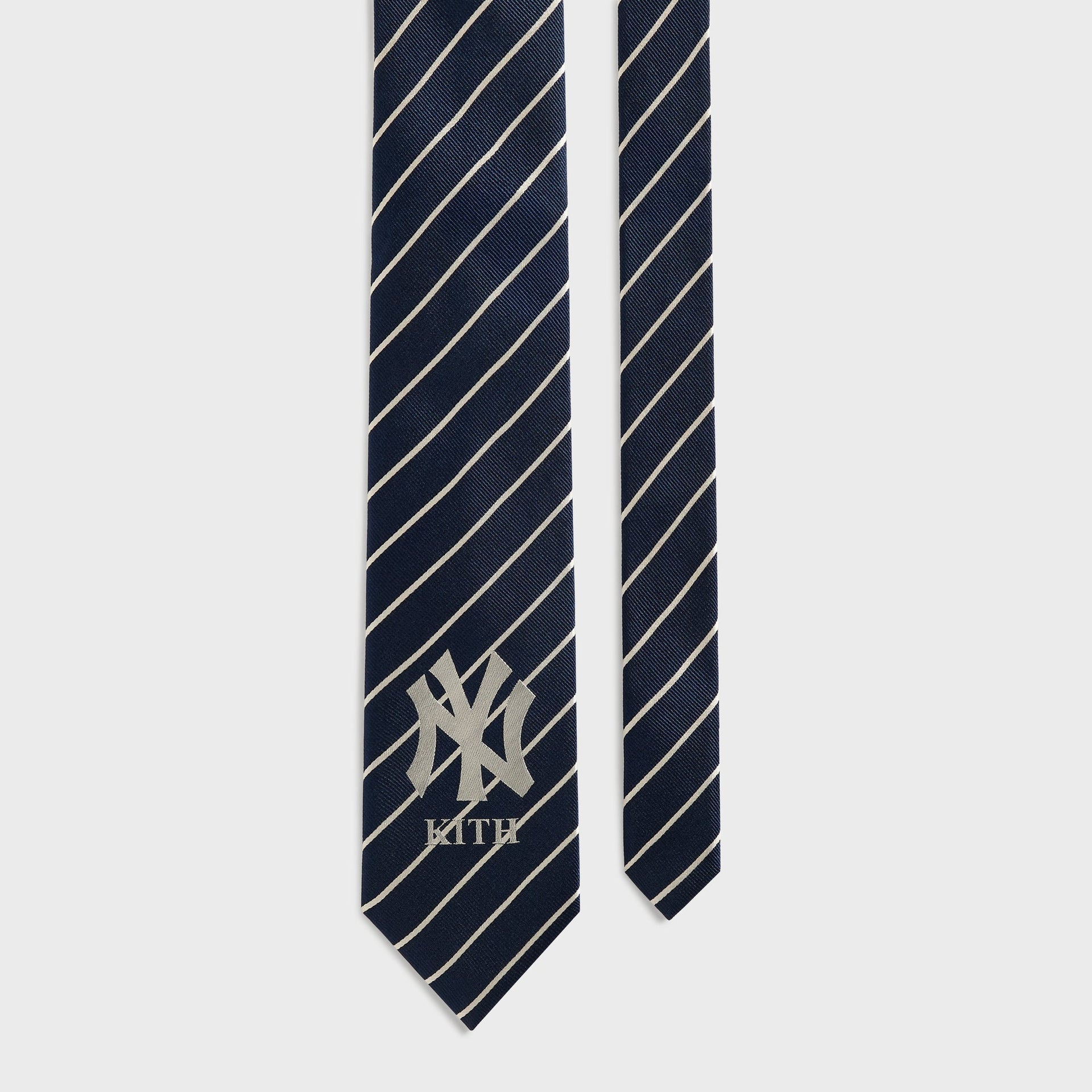 Kith x New York Yankees Nocturnal tie, both tails hanging side by side, wide view
