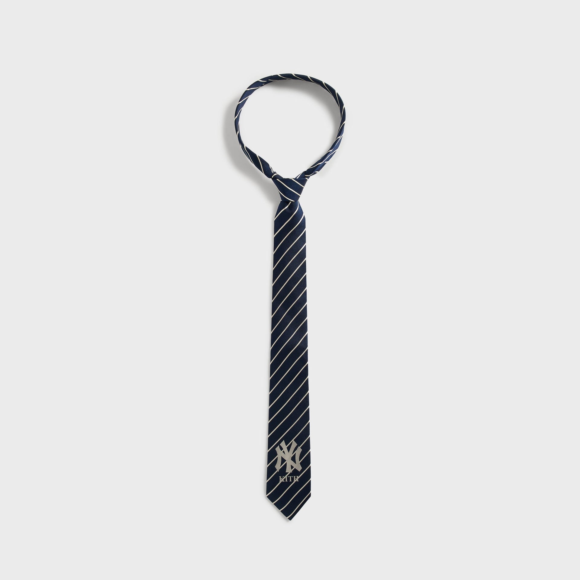Kith x New York Yankees Nocturnal pinstripe silk tie, full length looped front view