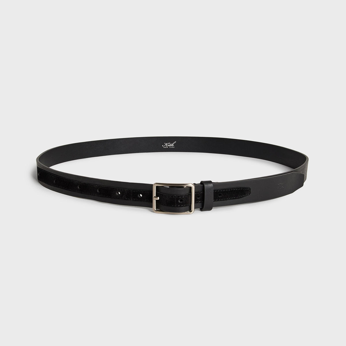 Kith Two-Tone Smooth Leather & Suede Belt in black with silver buckle, coiled view