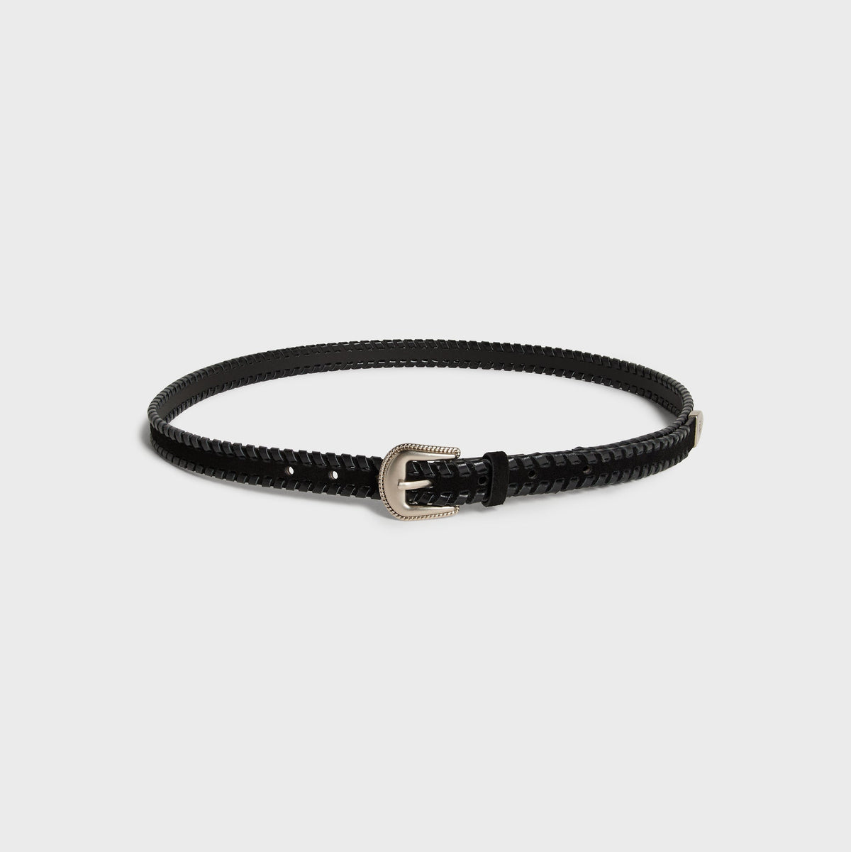 Kith Braided Edge Belt in black leather with brushed silver buckle, coiled view