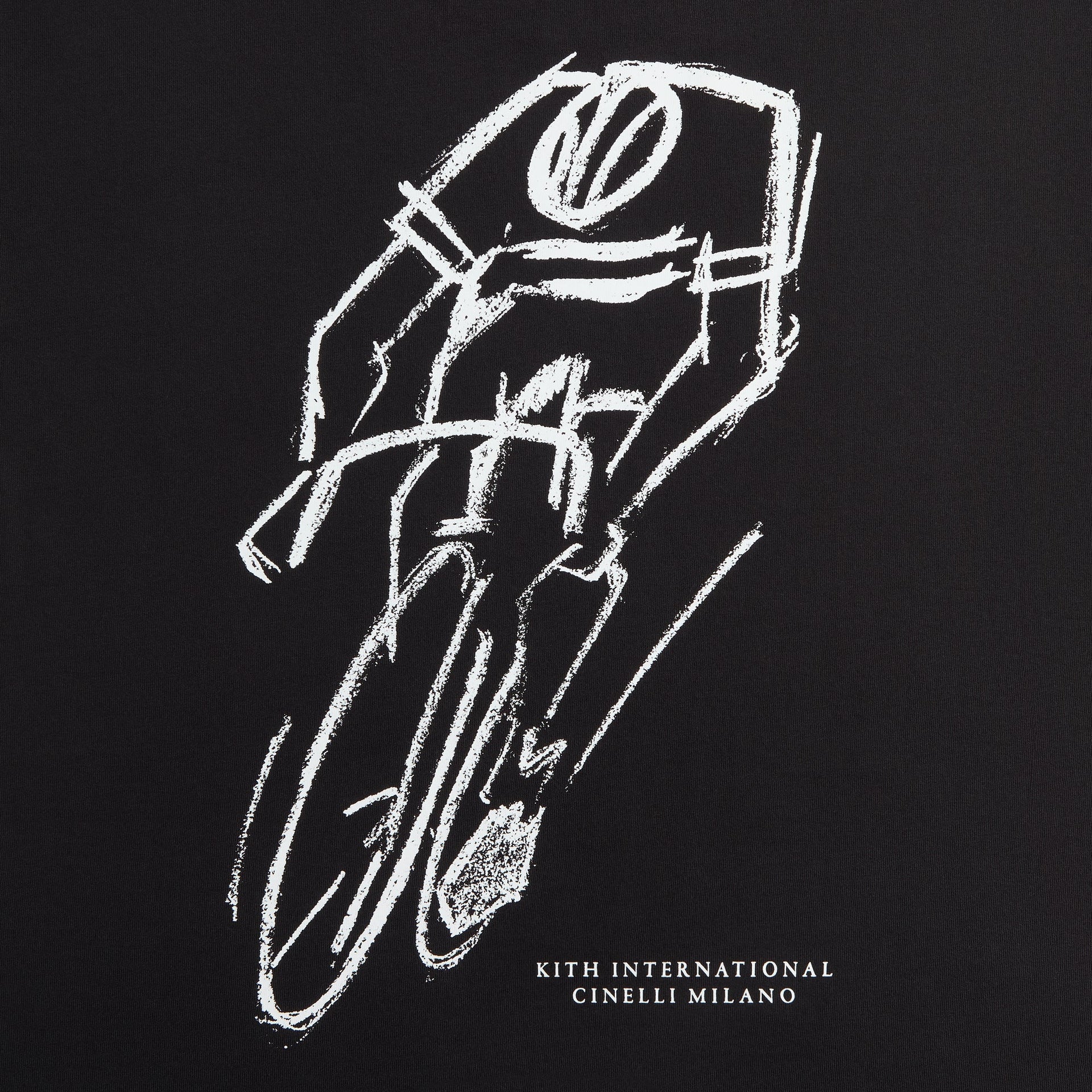 Close-up of the back chalk-style cyclist sketch graphic with Kith International Cinelli Milano lettering on black
