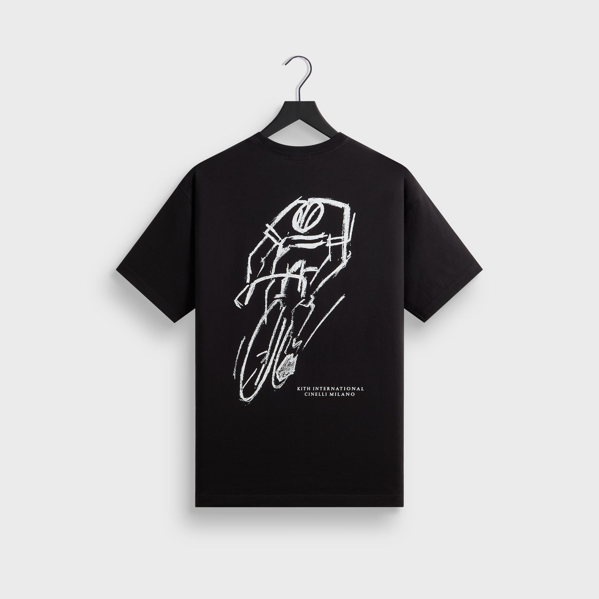 Back of the black Kith for Cinelli Ciclismo Tee with a large white sketch of a racing cyclist and Kith International Cinelli Milano text