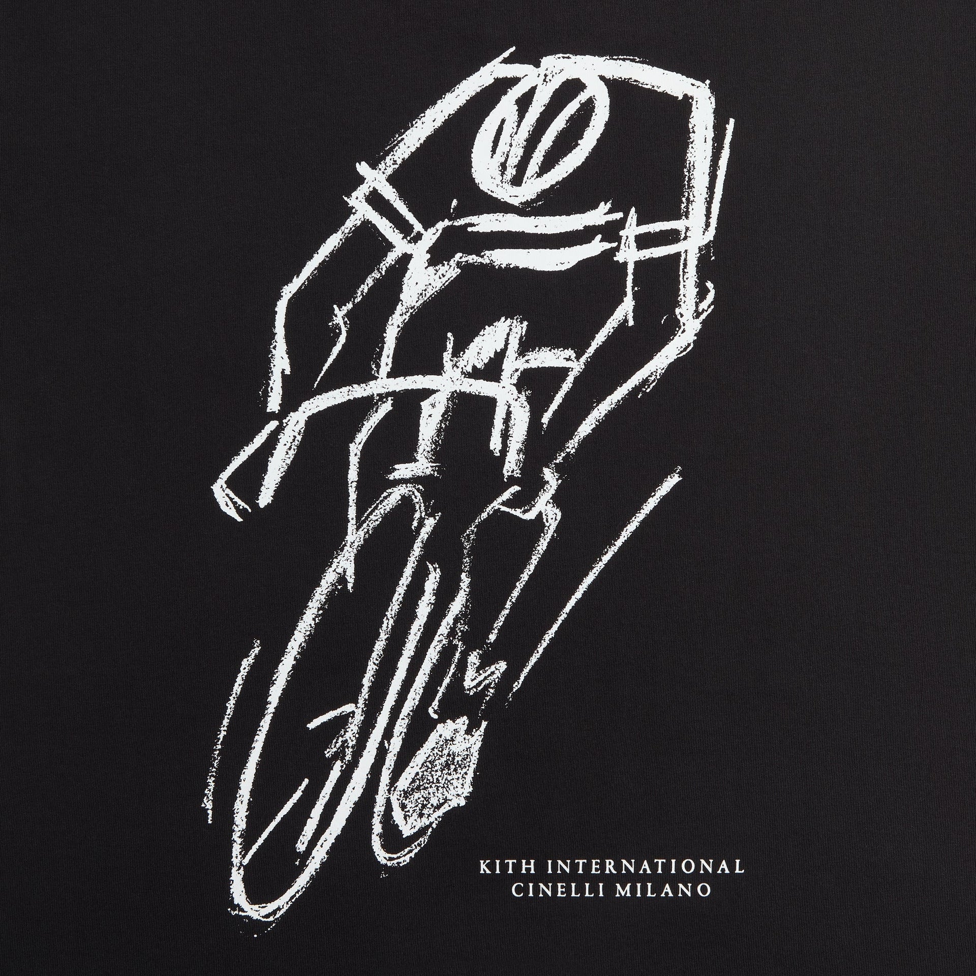 Kith for Cinelli Ciclismo Tee detail of white hand-sketched cyclist back graphic with Kith International Cinelli Milano text