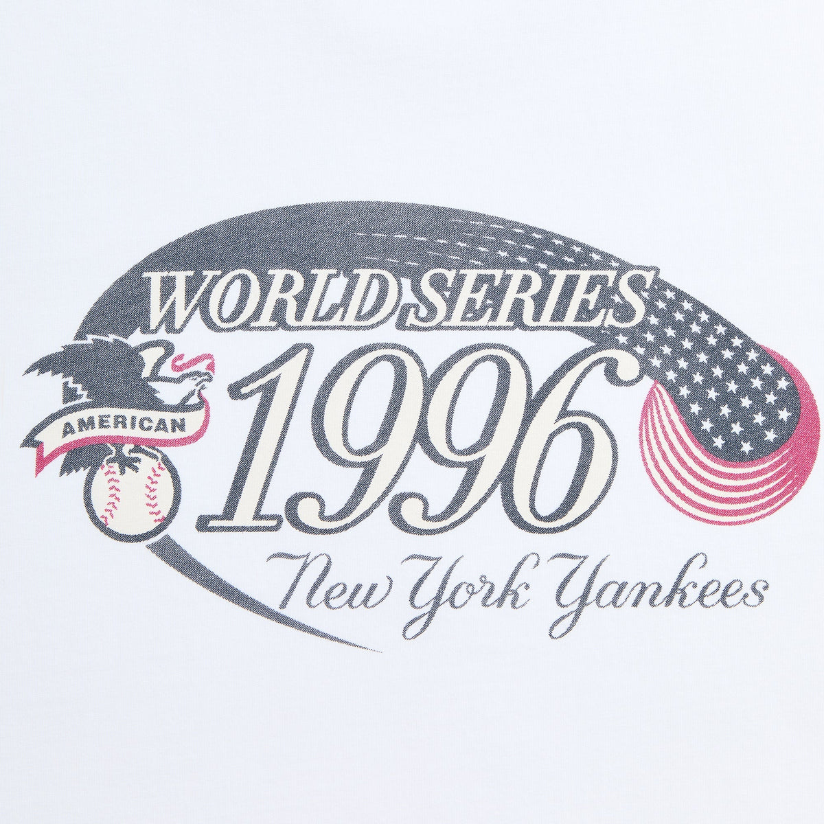 Close-up of 1996 World Series American League Yankees vintage graphic print on white tee