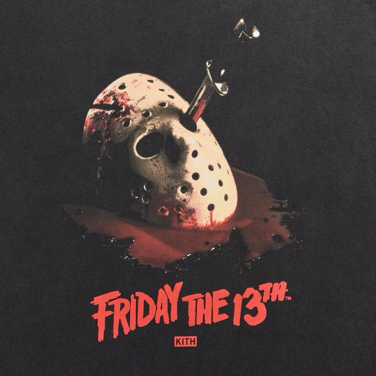 Close-up of bloodied Jason hockey mask with knife, red Friday the 13th logo and Kith box logo on Blood Mask Vintage Tee