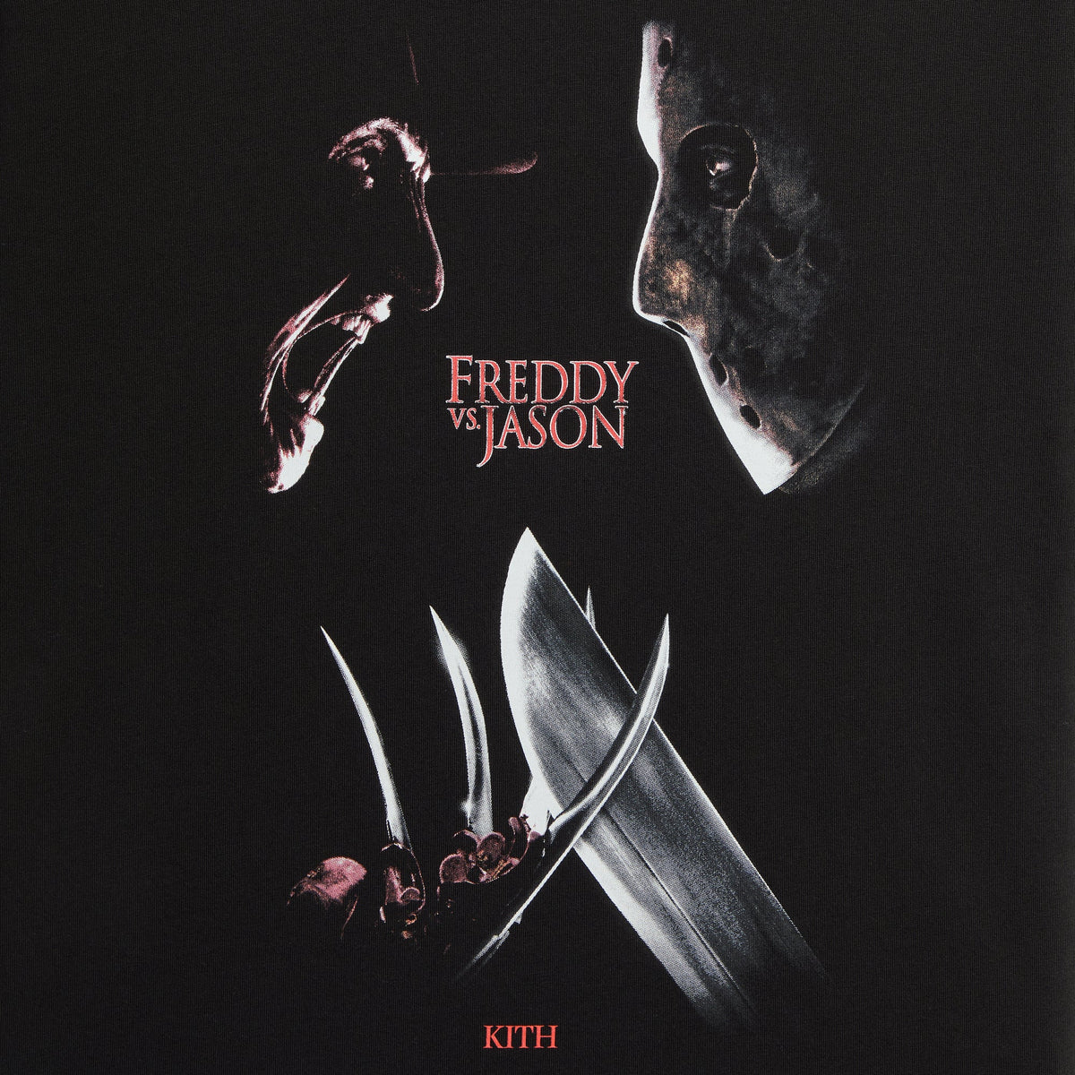 Close-up of Freddy vs Jason print with Freddy glove claws and Jason machete on black Kith Vintage Tee
