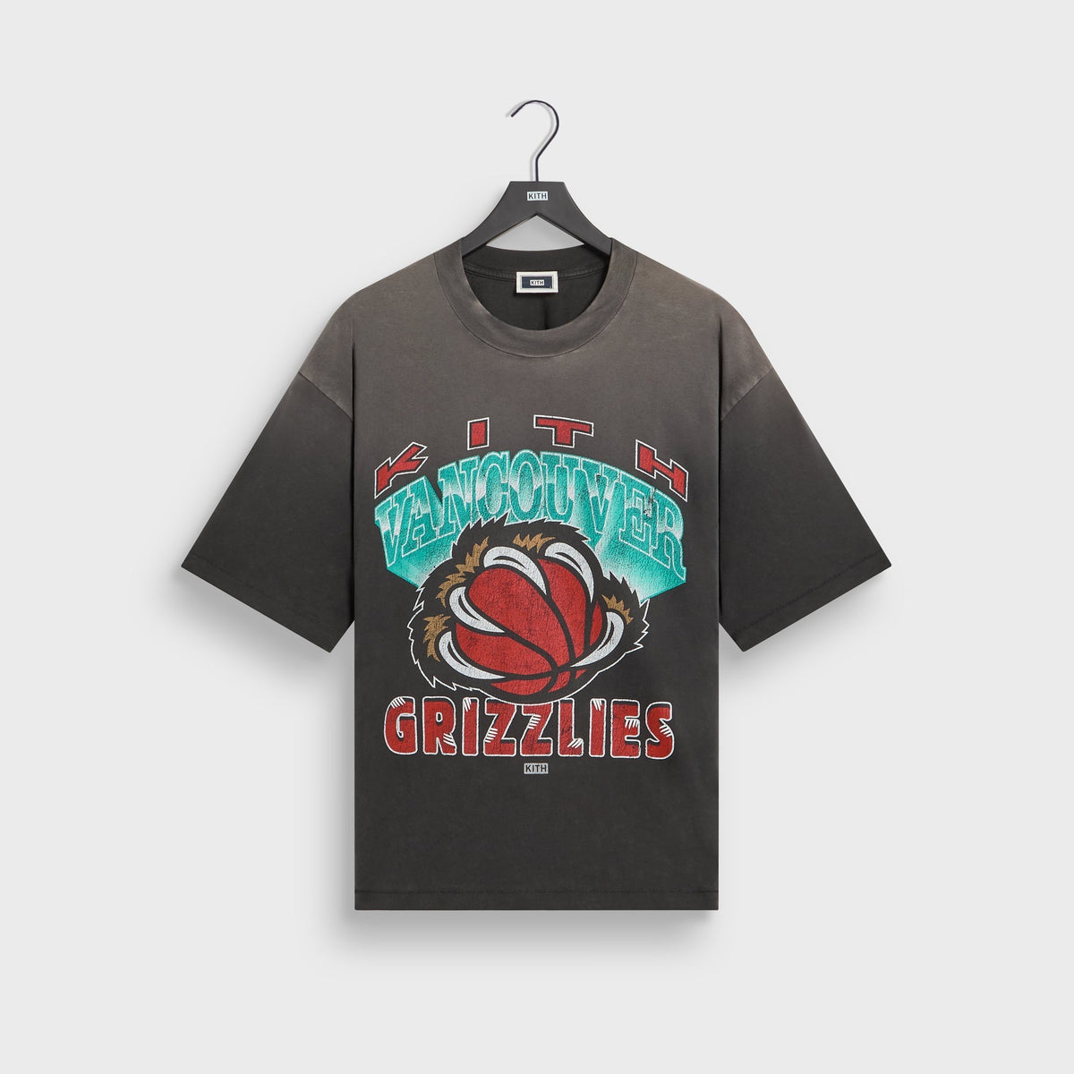 Kith for the Vancouver Grizzlies Vintage Jones II Tee in black with faded wash, front view with distressed Grizzlies bear claw graphic