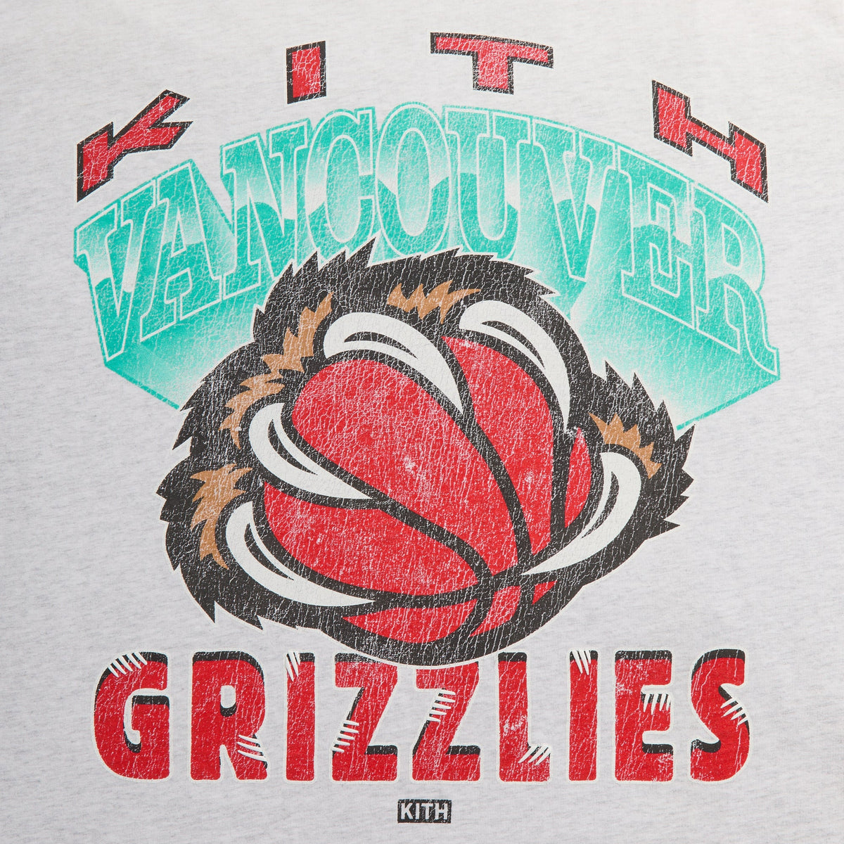 Kith for the Vancouver Grizzlies Vintage Jones II Tee close-up of light heather grey front graphic: teal Vancouver, red basketball claw, Grizzlies