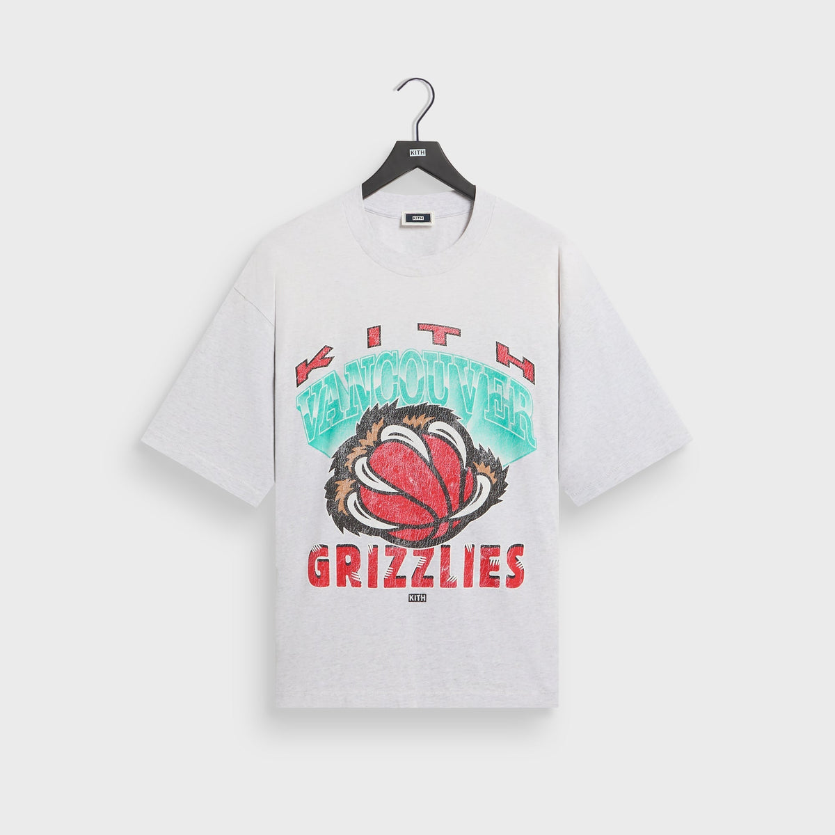 Kith for the Vancouver Grizzlies Vintage Jones II Tee in light heather grey, front view with distressed Grizzlies bear claw graphic