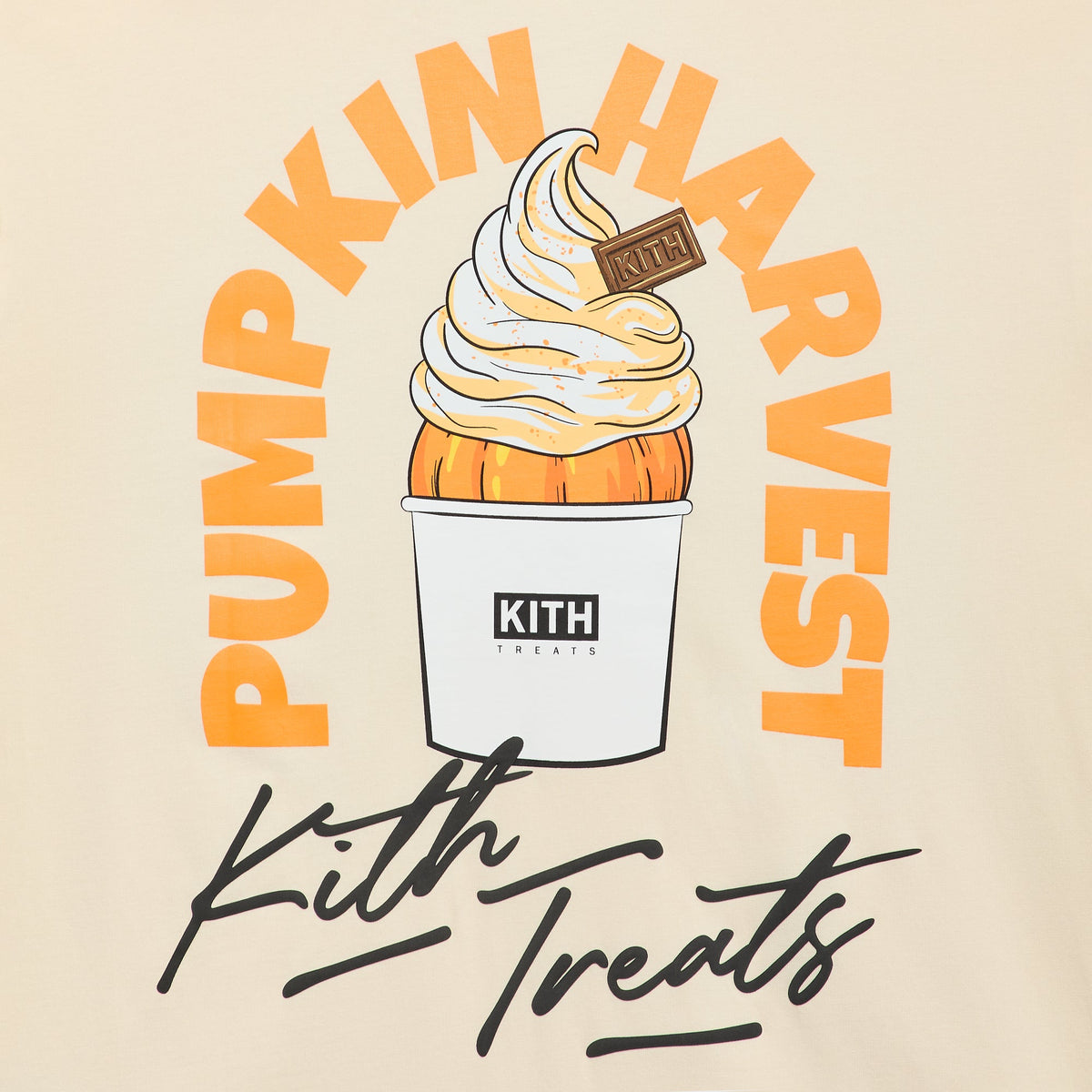 Close-up of Pumpkin Harvest back graphic on Kith Treats tee: orange arched lettering, pumpkin soft-serve cup, Kith Treats script