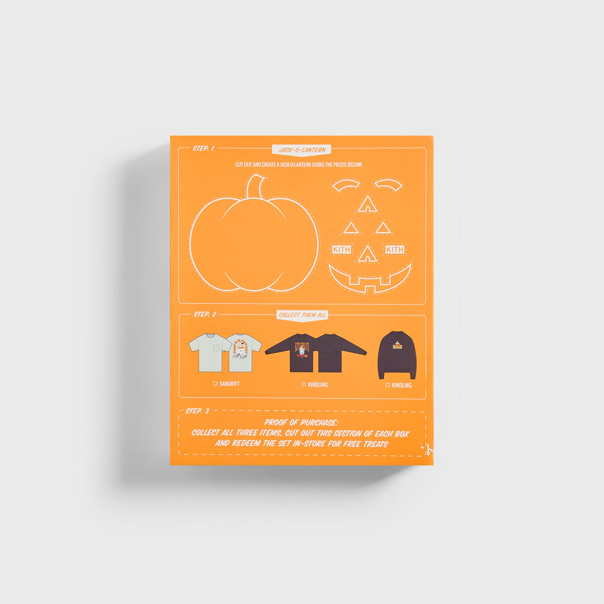 Back of orange Kith Treats Pumpkin Harvest box with cut-out jack-o'-lantern template and collect-all-three tee checklist