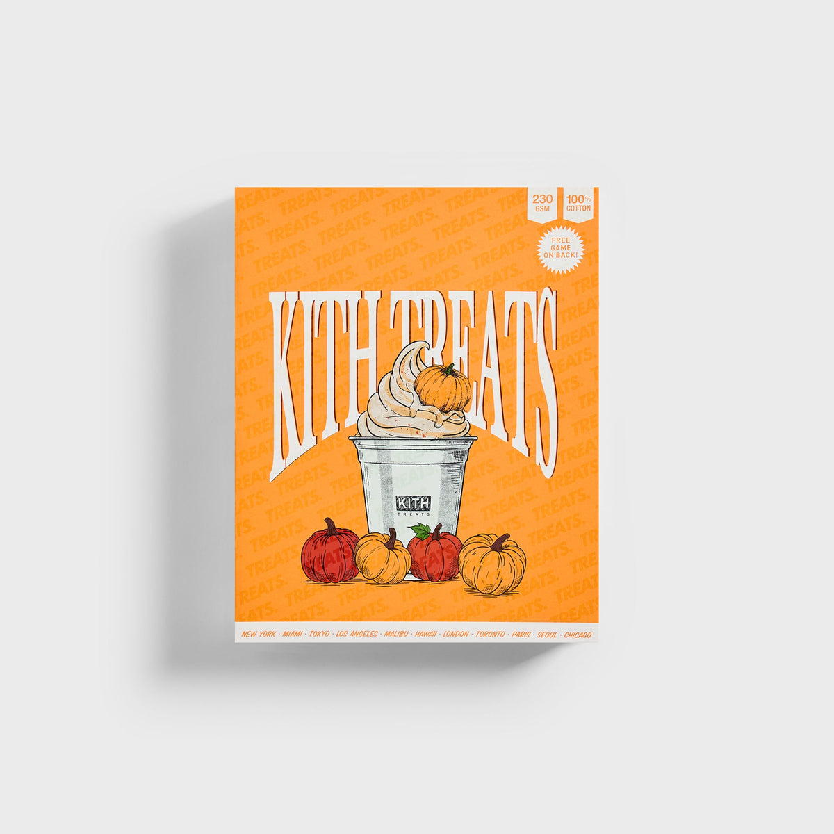 Orange Kith Treats Pumpkin Harvest collectible box packaging, front with pumpkin soft-serve cup and illustrated pumpkins