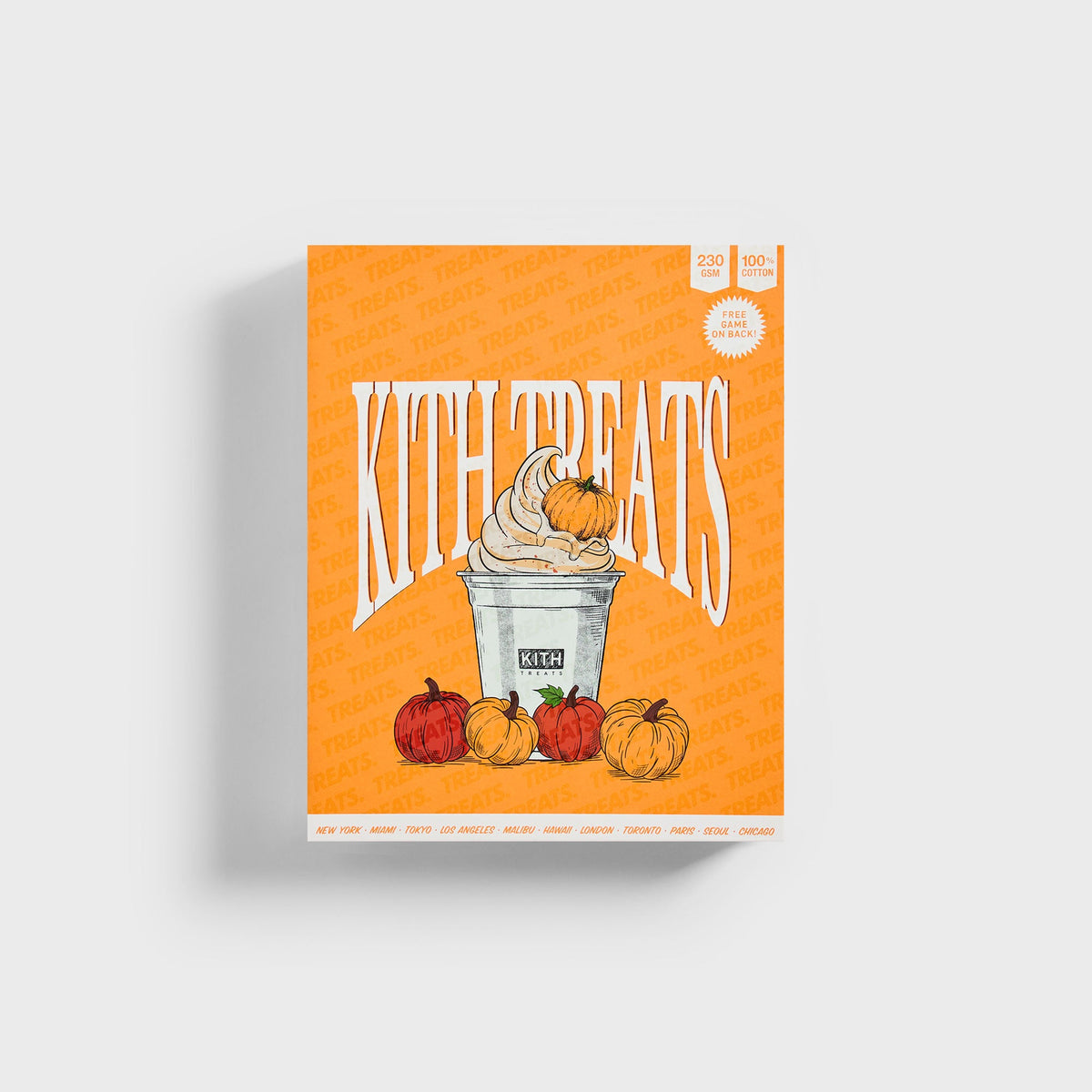 Orange Kith Treats Pumpkin Harvest collectible box packaging sold with the Kindling long sleeve tee, front view