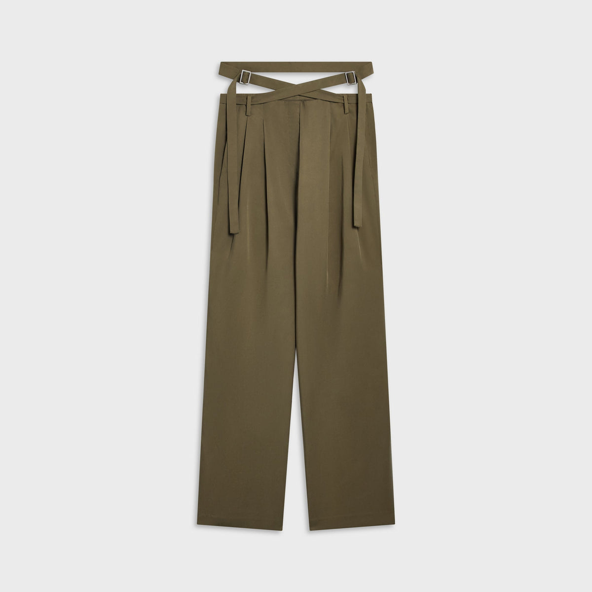 Kith Women Tallis waist strap trouser in olive Chelonian twill with pleated front and crossed waist straps, front flat-lay