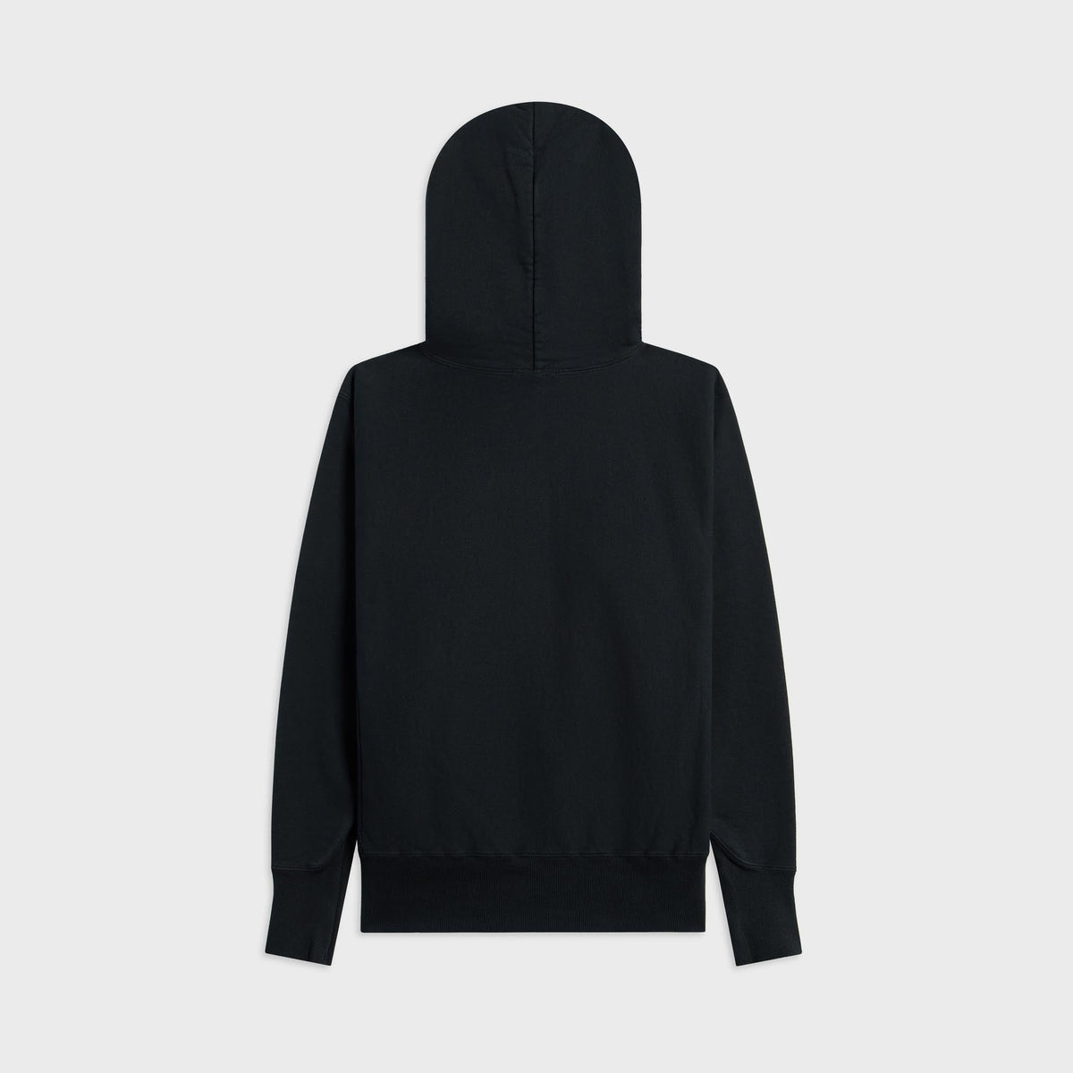 ATON Natural Dyed Urake Hoodie in charcoal grey, back view showing seamed hood and ribbed cuffs